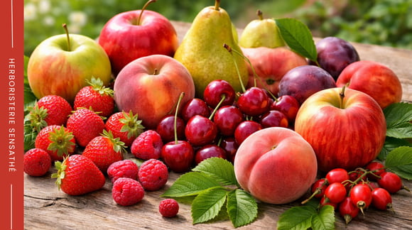 Fruits comestibles de la famille des Rosacées  pomme, poire, cerise, fraise, framboise, prune et pêche - Herboristerie Sensathé
